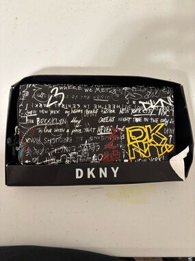 DKNY Vela Large Size Zip Around Wallet Clutch Black Graffiti Print New In Box